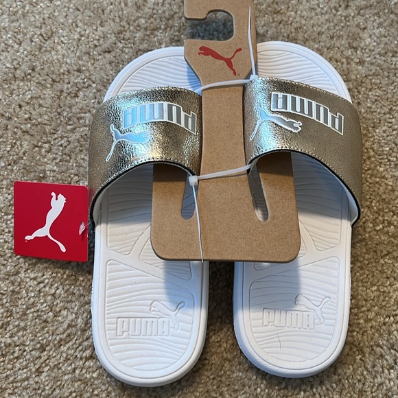 Puma Cool Cat 2.0 metallic shine slide sandal gold white size 8 shoe - Picture 2 of 7